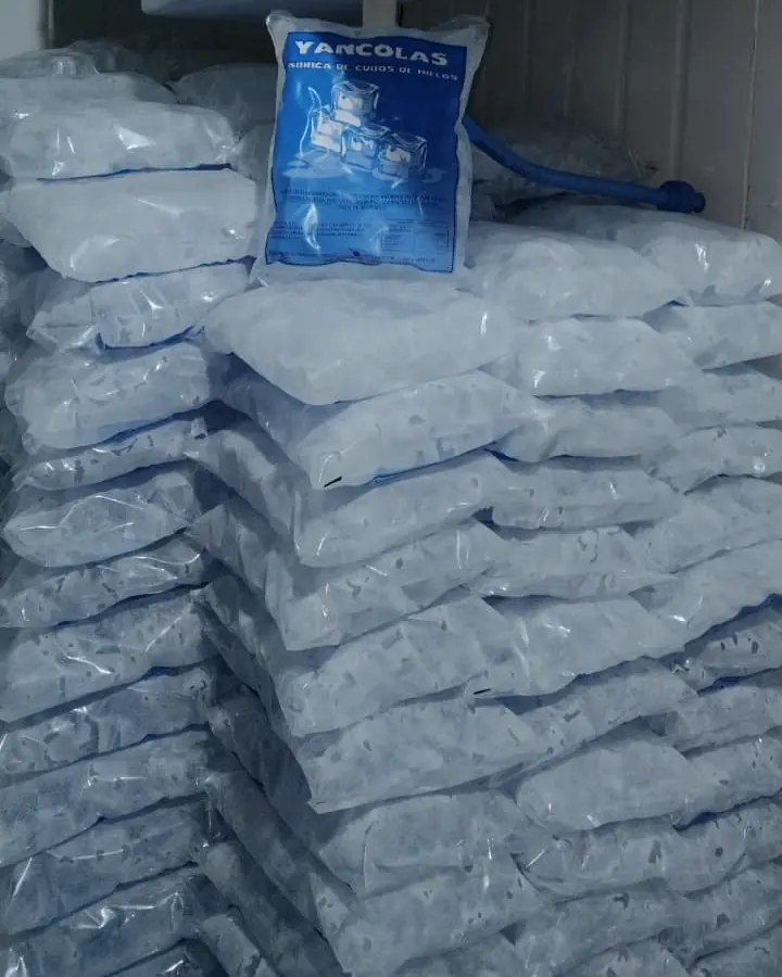 Bolsa de hielo Yancolas sobre bolsas apiladas en la cámara de frío
